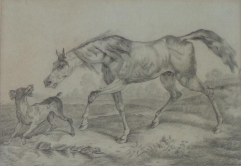 ONBEKEND / PAARD & HOND / ORIGINEEL WERK / 52x64cm / KADER, Enlèvement ou Envoi, Signé, Papier