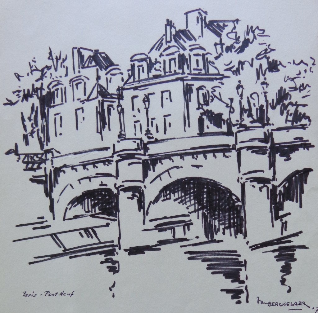VIC VAN BERCKELAER / PARIS PONT NEUF ORIGINEEL WERK 39x30cm, Enlèvement ou Envoi
