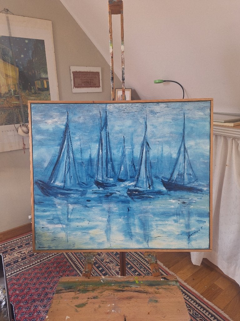 Schilderij olie op doek: Zeilboten, Antiquités & Art, Art | Peinture | Classique, Enlèvement ou Envoi, Peinture à l'huile, Expressionniste