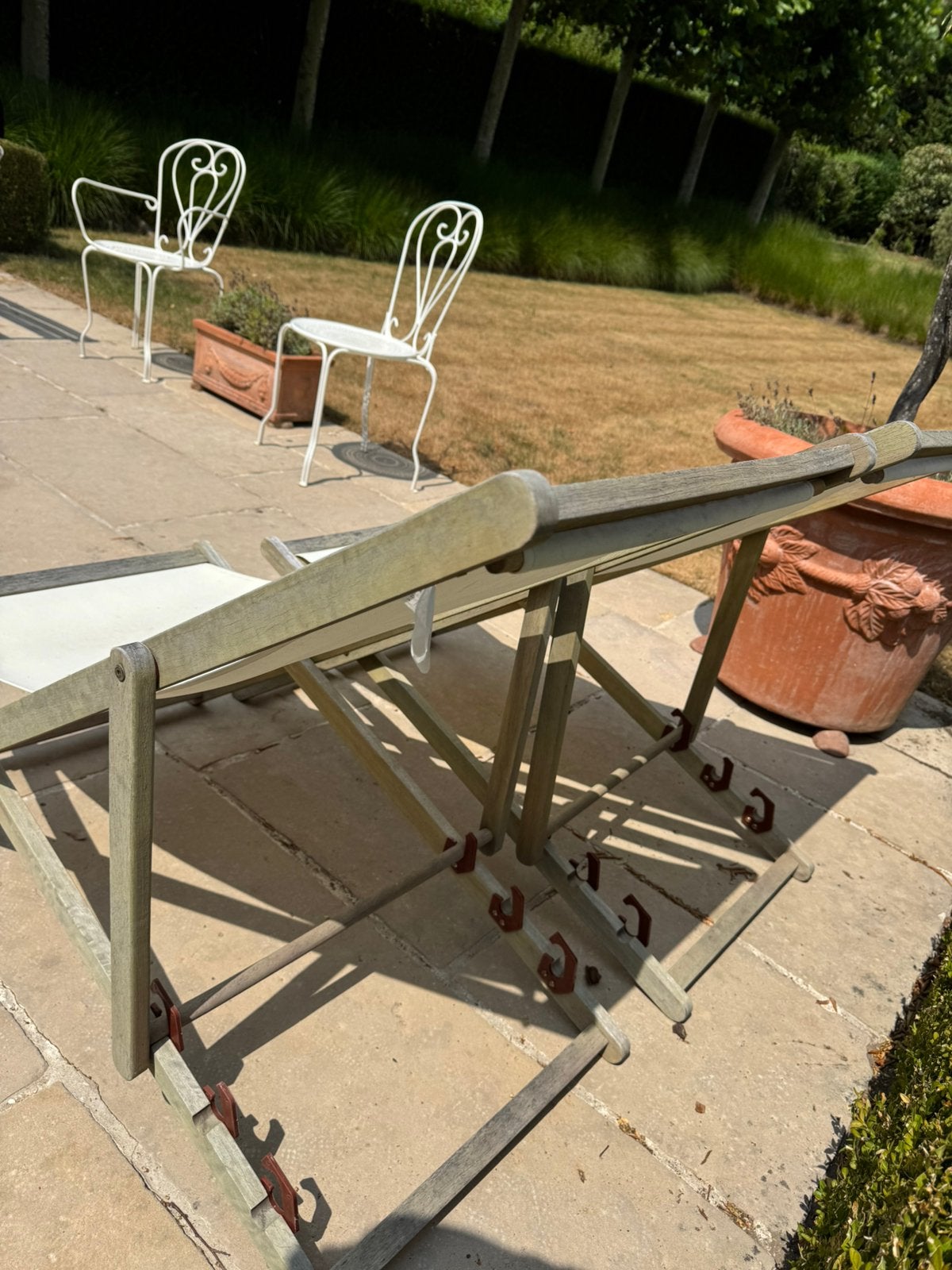 KOOPJE 2 Maisons du Monde ligstoelen in massief teakhout, Tuin en Terras, Ophalen, Zo goed als nieuw, Teakhout, Verstelbaar