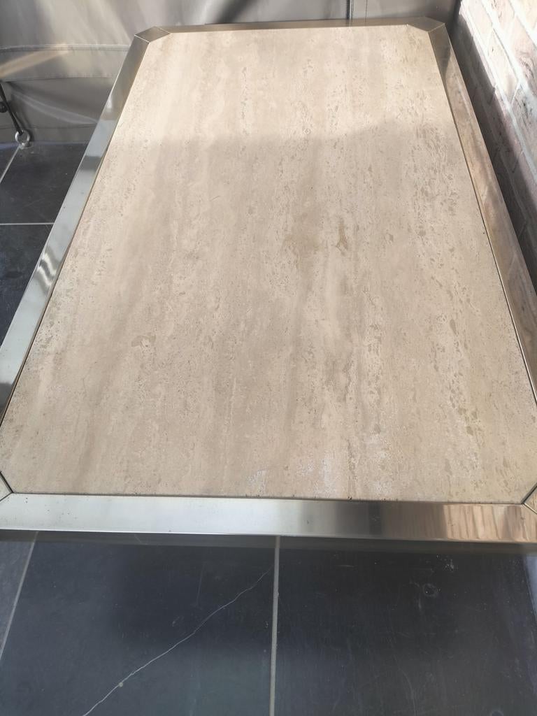 Table basse Vintage en travertin et laiton Belgo Chrome 1970, Enlèvement