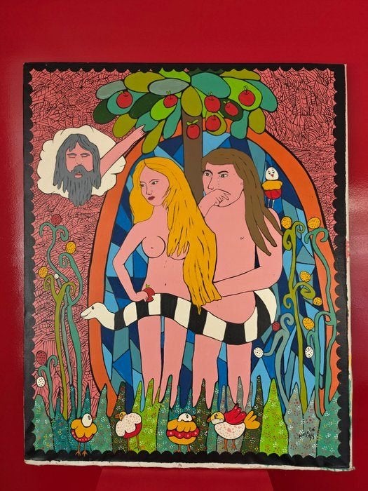 ‘Adam & Eva in het Paradijs’ – Mayela (1994), Enlèvement, Signé, Peinture à l'huile, Autre sujet