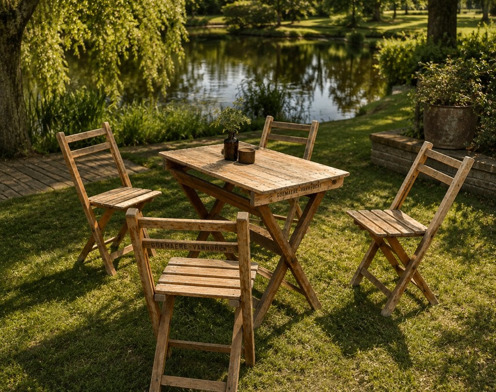 Tuinset meubelset vintage plooibaar tafel stoelen, Tuin en Terras, Tuinsets en Loungesets, Ophalen, 4 zitplaatsen, Gebruikt, Tuinset