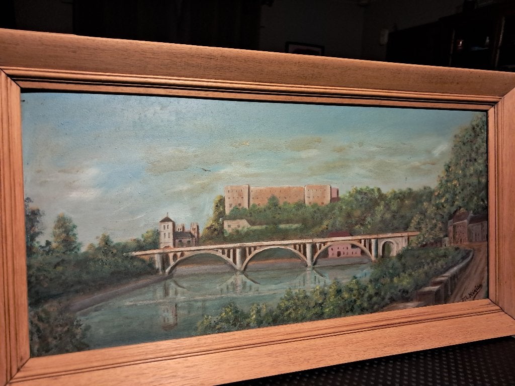Peinture sur panneau vue de Huy M.Herion, Antiek en Kunst, Ophalen, Paneel, Gesigneerd, Landschap