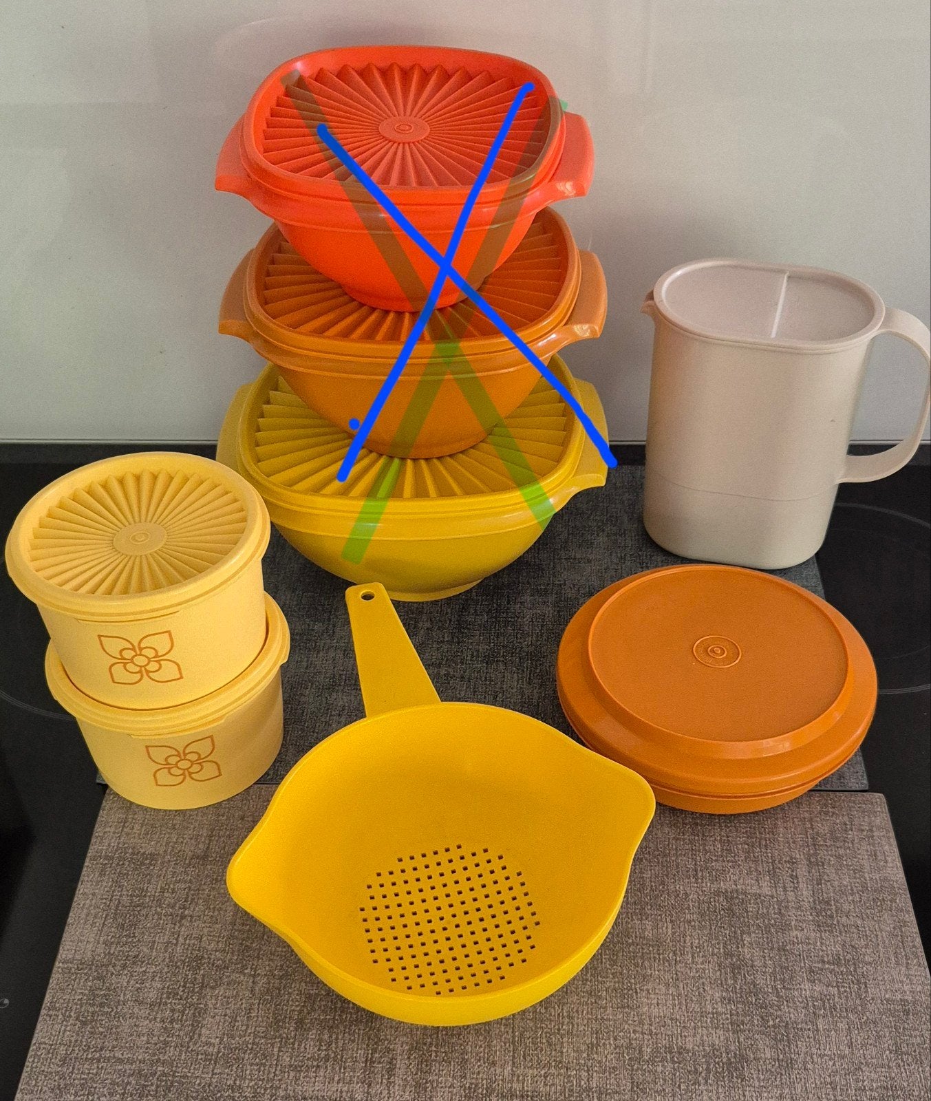 Vintage Tupperware '70s – Als complete set of per stuk, Enlèvement, Jaune, Avec couvercle