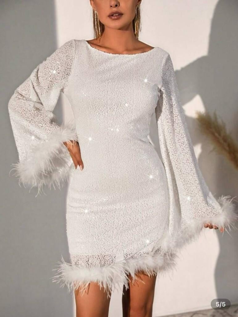 Robe de coktail blanche à sequins (T 36), Wit, Nieuw, Ophalen of Verzenden, Maat 36 (S)