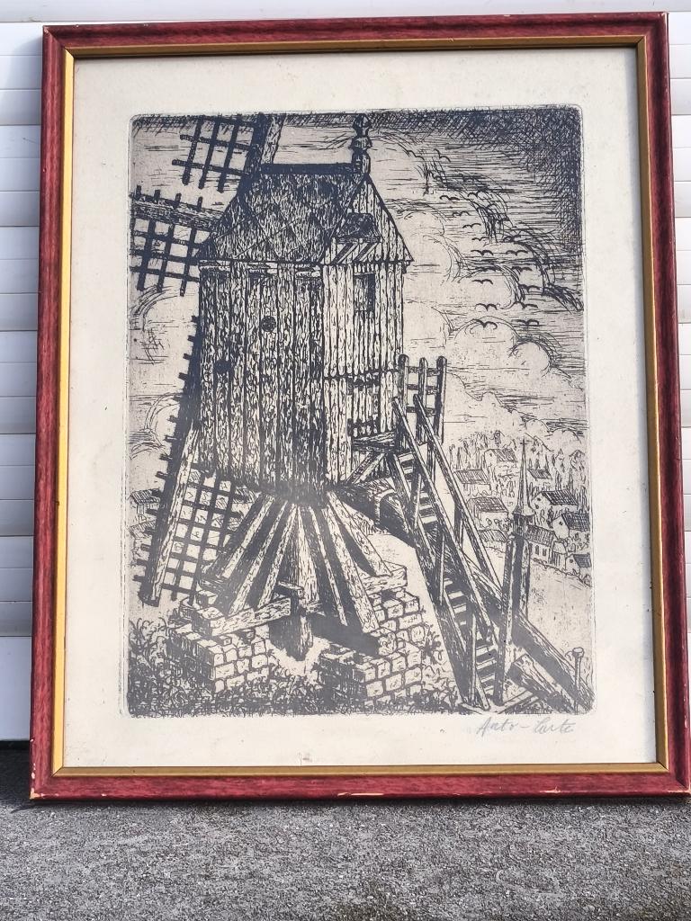 Gravure moulin signe anto carte, Antiquités & Art, Enlèvement ou Envoi, Gravure