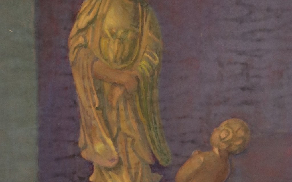 Gouache vergulde Guanyin-beeldjes in nis - monogram VK, Antiek en Kunst, Ophalen, Stilleven, Papier/karton, Gesigneerd