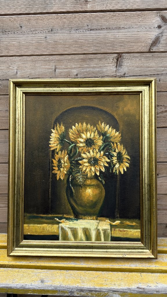 Vintage olieverfschilderij R. Peeters – zonnebloemen, Enlèvement ou Envoi, Peinture à l'huile, Signé, Toile