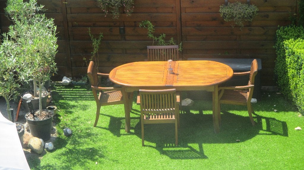 grote houten terras tafel met 4 stoelen, Tuin en Terras, Ophalen, Gebruikt, Ovaal, Hout