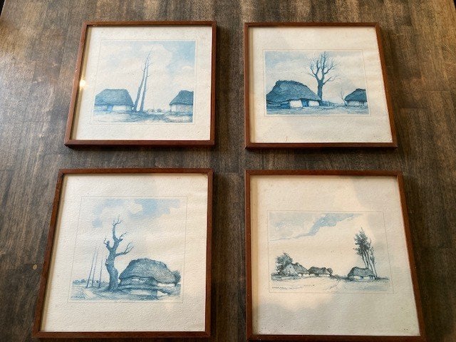 SET 4 INGELIJSTE PRENTEN DIRK BAKSTEEN, Antiek en Kunst, Ophalen, Ingelijst, 1950 - 1999, Overige technieken