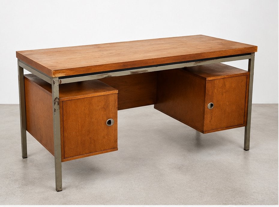 Vintage mid-century bureau - metalen frame en opbergkastjes, Ophalen, Opbergruimte, Hout, Secretaire