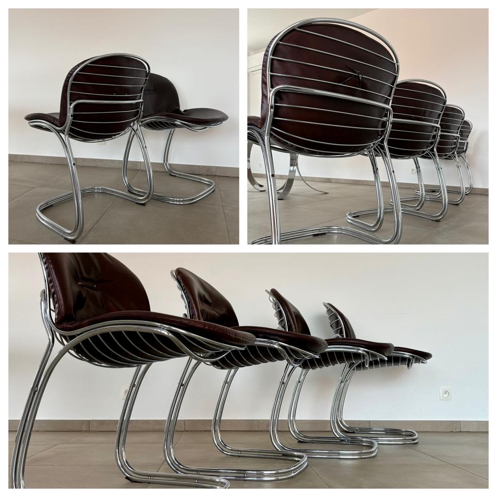 4 chaises design chrome gastone rinaldi + table, Enlèvement, Comme neuf, Brun, Cuir