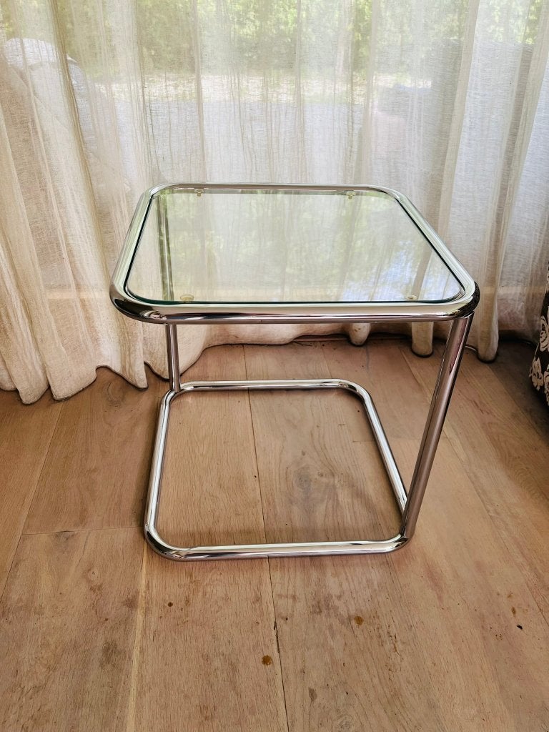 Vintage design bijzettafel chroom en glas  jaren 70/80 45 H, Huis en Inrichting, Minder dan 55 cm, Metaal of Aluminium, Vierkant