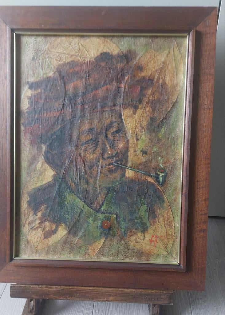 Vintage Aziatisch Bladschilderij - Olieverf op Tabaksblad -, Ophalen of Verzenden