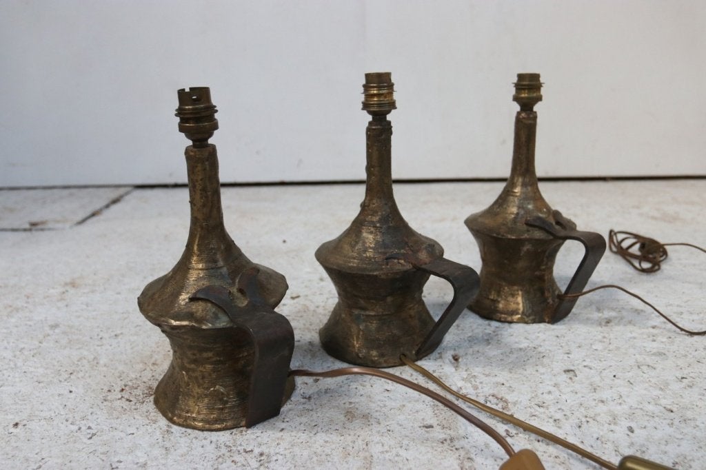 Max Bré – set van 3 brutalistische tafellampen, messing, Antiek en Kunst, Ophalen