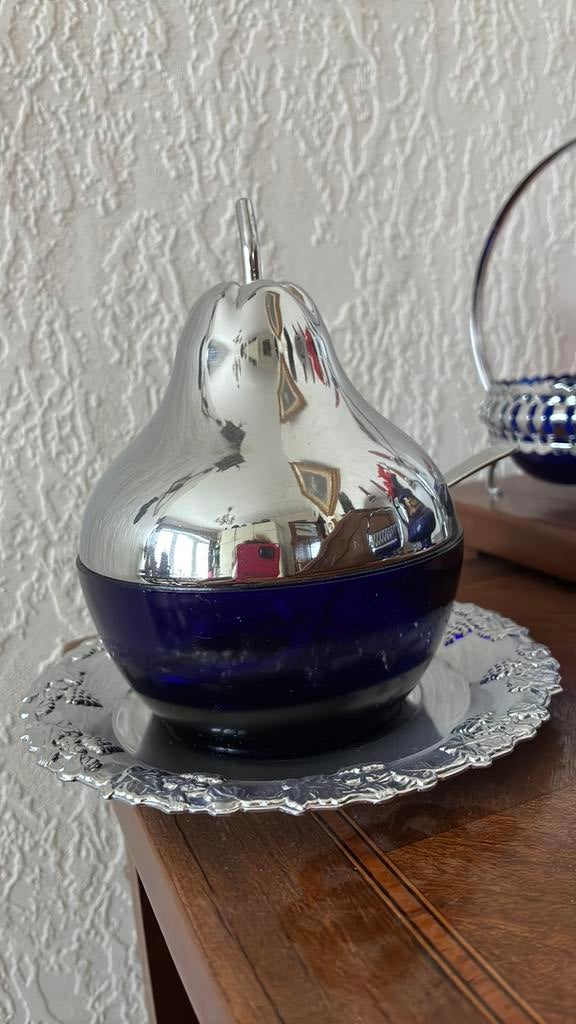 Zilever met blauwe peervormige pot jaren 1950, Ophalen of Verzenden