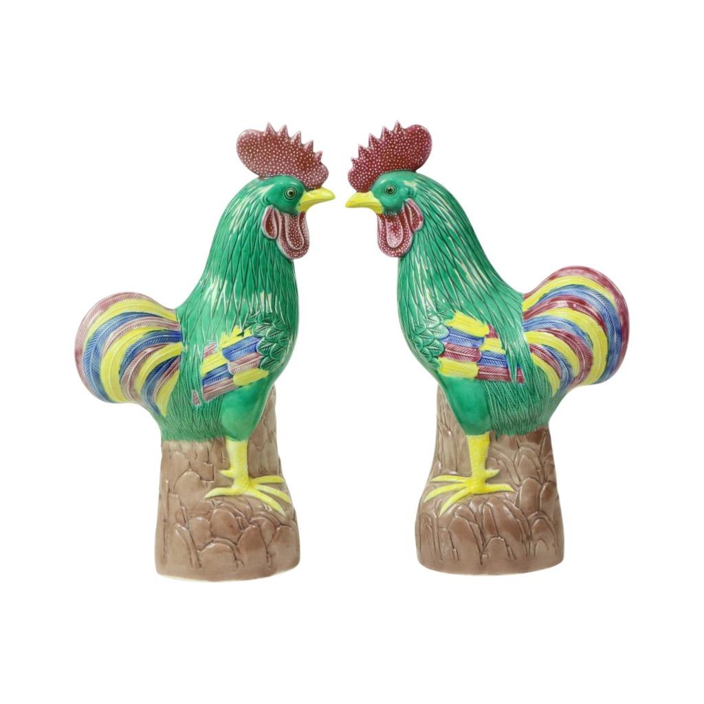 Koppel Geglazuurde Polychrome Hanen Chinees Porselein 34cm, Enlèvement ou Envoi