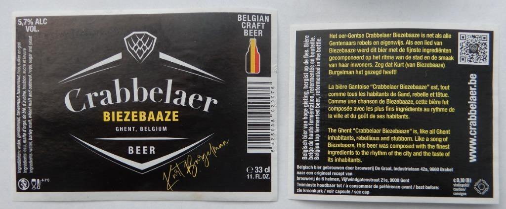 Bieretiket Crabbelaer Biezebaaze Brouwerij De Graal (10v9), Verzenden, Gebruikt