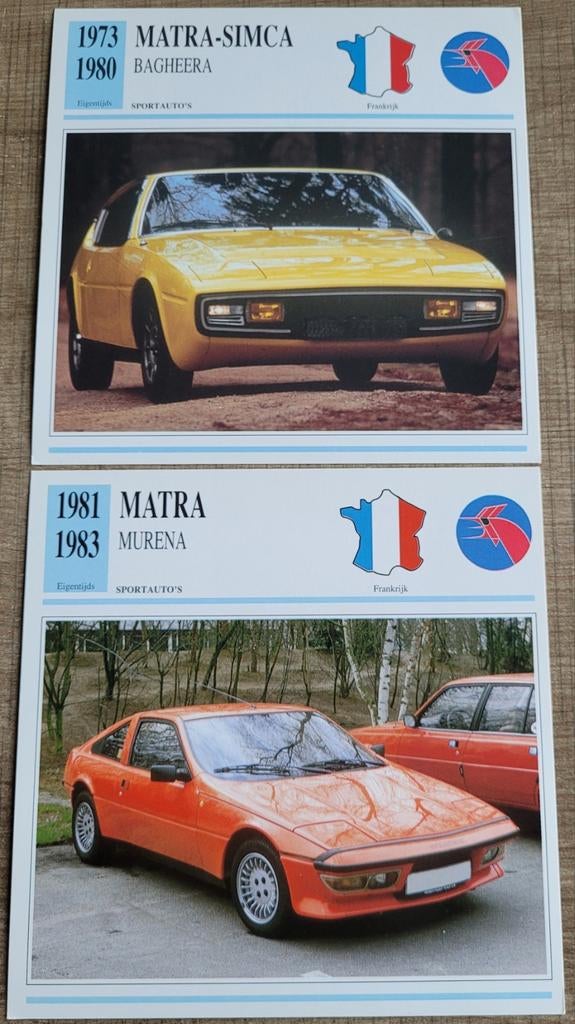Matra: sportauto's: 2 verzamelkaarten (jaren '70-'80), Ophalen of Verzenden, Zo goed als nieuw, Auto's