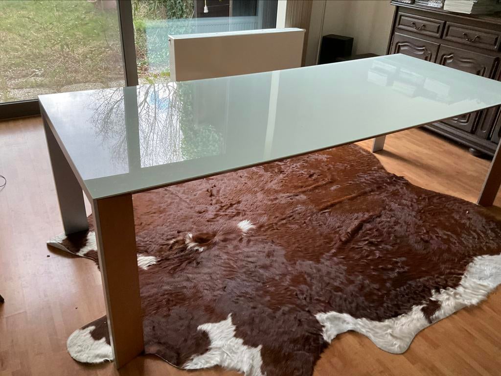 Rolf Benz designtafel met blad in melkglas, Ophalen, Gebruikt, 200 cm of meer, Glas