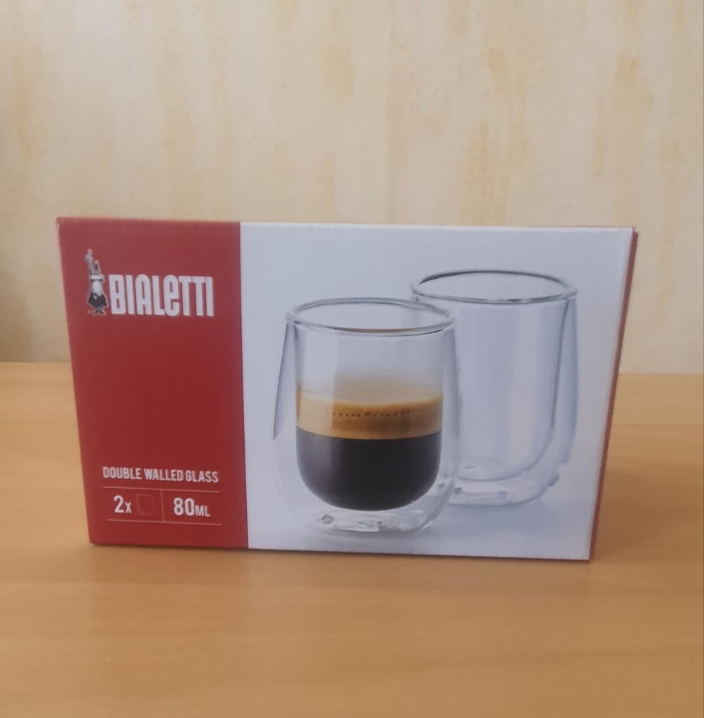 Bialetti 2X 80ml Espresso/Doppio kopjes met dubbele bodem, Verzamelen, Glas en Drinkglazen, Ophalen of Verzenden, Nieuw