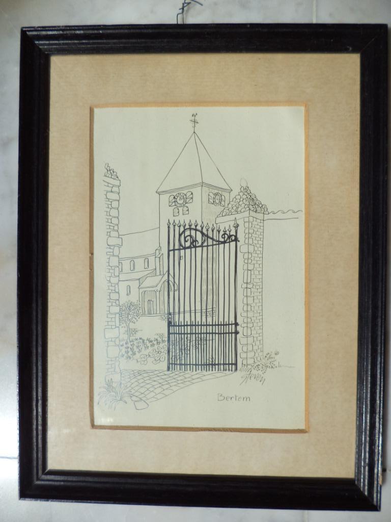 STEVEN inkttekening kerk BERTEM (Leuven) hek poort pen inkt, Enlèvement ou Envoi