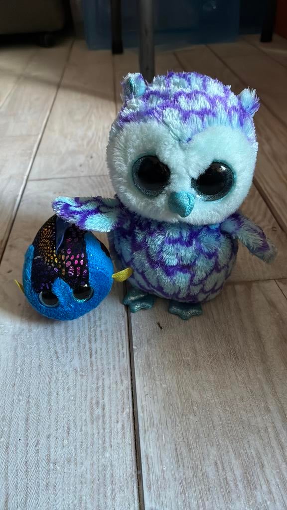 Ty beanie boo knuffels: oscar de blauwe uil en aqua de vis, Ophalen of Verzenden, Zo goed als nieuw