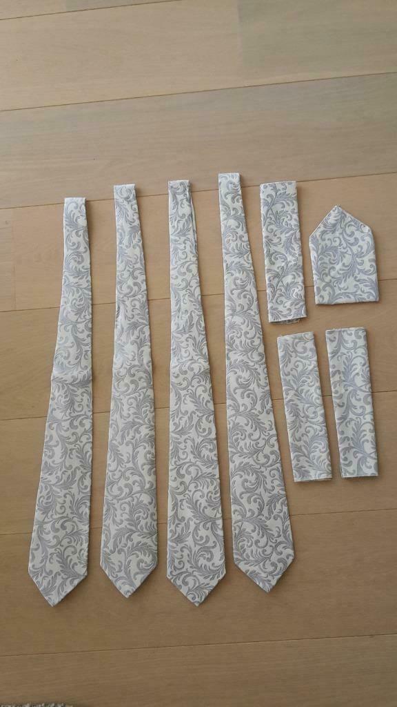 4 luxe zijden dassen + pochetten, Enlèvement ou Envoi, Comme neuf, Gris, À motif