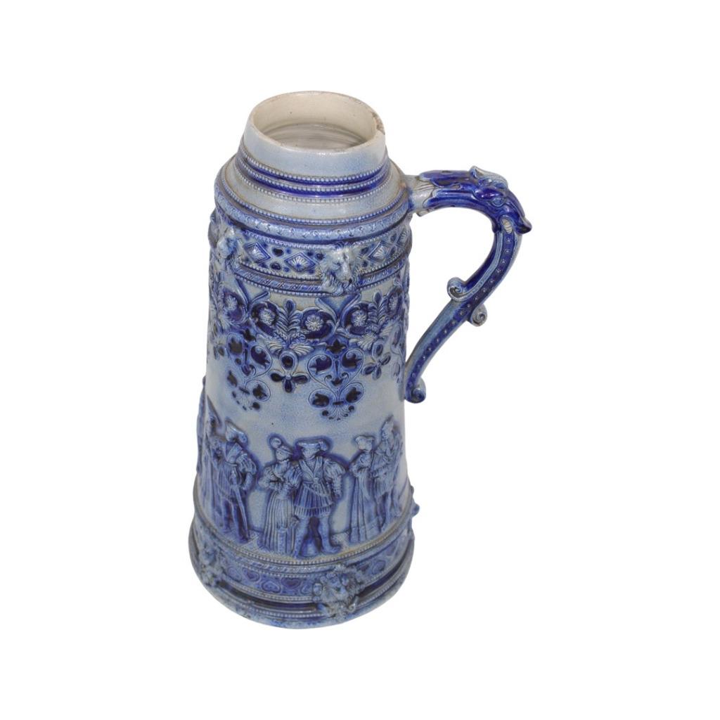Zeer grote blauwe zandstenen kruik met reliëf 19e Duitsland, Antiek en Kunst, Ophalen of Verzenden