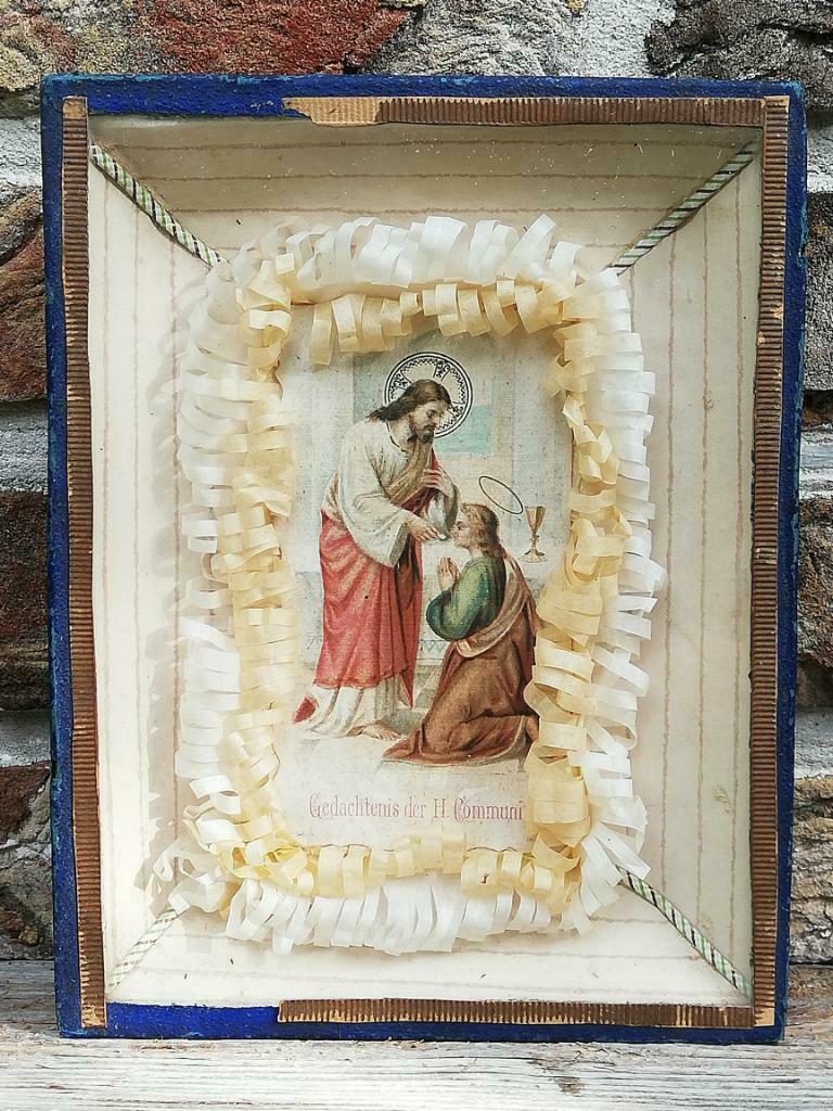 Mooie religieuze volkskunst - herinnering aan H. Communie, Antiek en Kunst, Ophalen of Verzenden