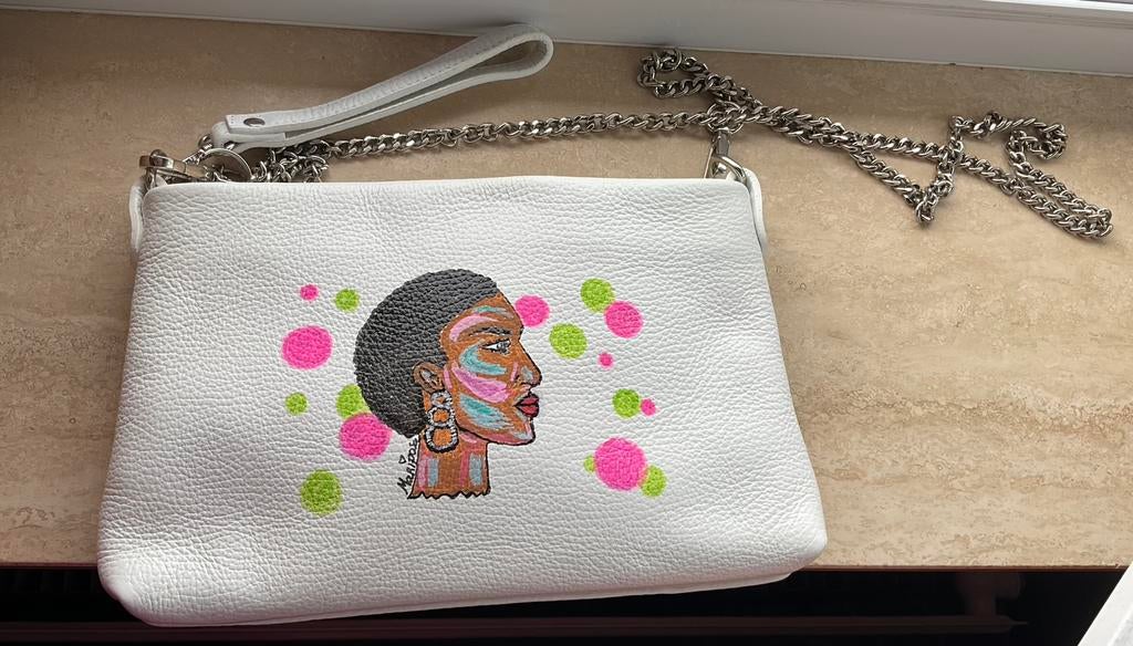 Witte leren handtas met leuke tekening, Handtassen en Accessoires, Ophalen of Verzenden, Zo goed als nieuw, Wit, Handtas