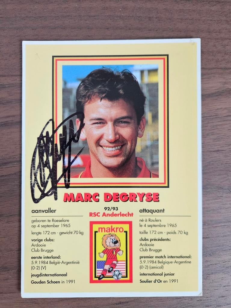 Marc Degryse spelerskaart met handtekening, Verzamelen, Sportartikelen en Voetbal, Ophalen of Verzenden, Spelerskaart