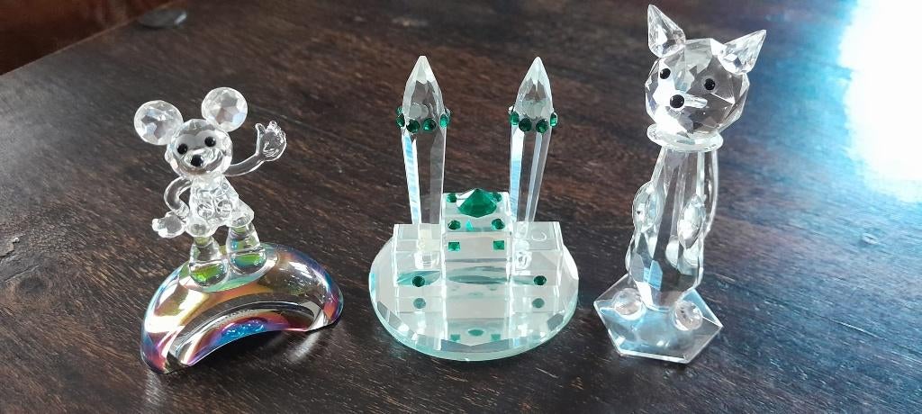 Kristal beeldje Mickey Mouse, kasteel en poes, Verzamelen, Ophalen, Kristal