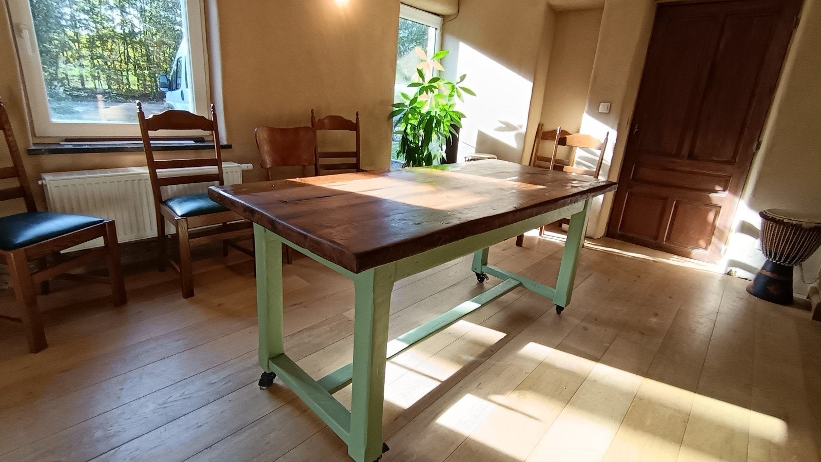 Table de ferme en bois massif restaurée – 180  80 cm, Enlèvement, Utilisé, Vert