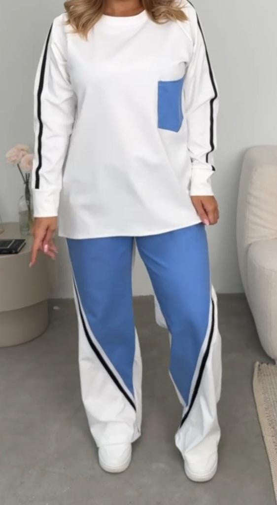 Sportieve dames loungewear set wit/blauw, Kleding | Dames, Exclusive, Kostuum of Pak, Wit, Maat 46/48 (XL) of groter
