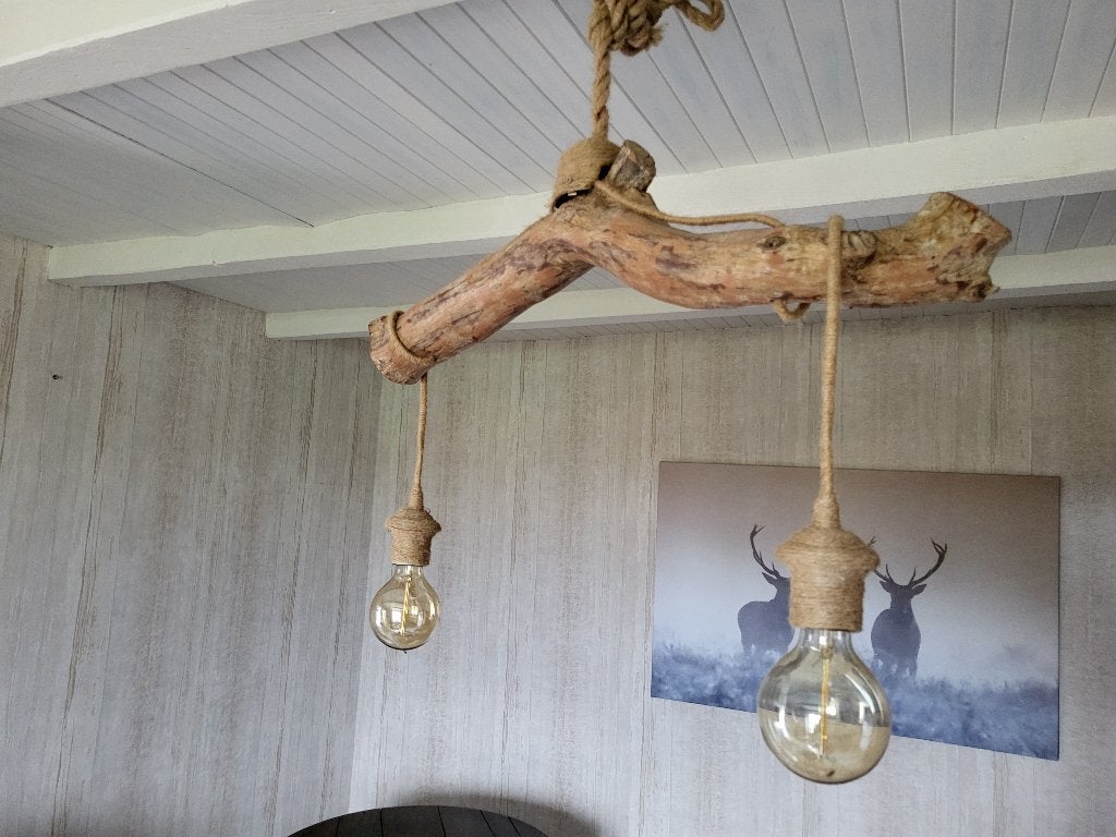 Hanglamp boomstam 2 lampen, Ophalen, Zo goed als nieuw, E27 (groot)