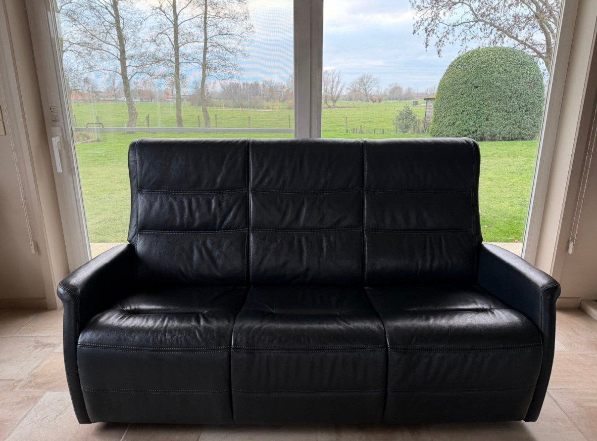 Zwarte leren zetel 3zit, Huis en Inrichting, Ophalen, Gebruikt, Leer