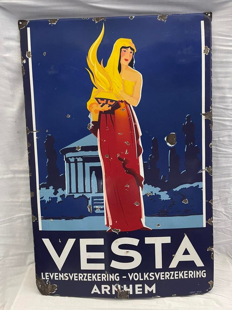 Emaille Bord “Vesta Verzekeringen Arnhem”, Verzamelen, Merken en Reclamevoorwerpen, Ophalen