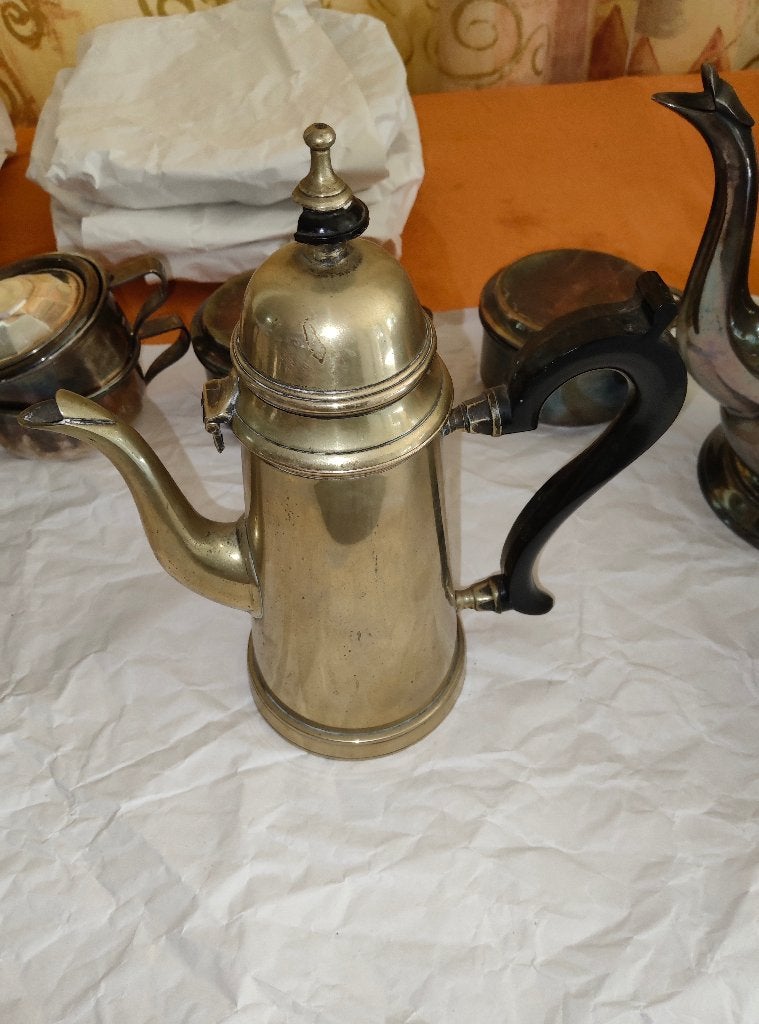 Oude shabby chic deco koffiepot van verguld messing, Ophalen of Verzenden, Koffiemachine
