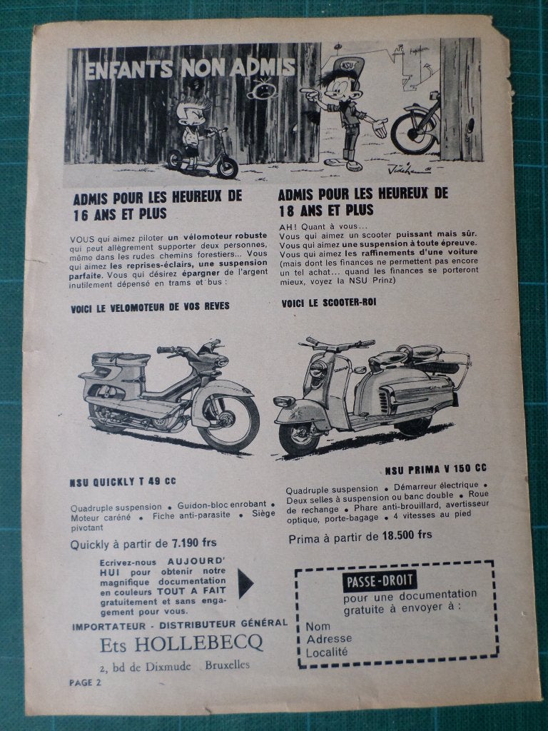 NSU Quickly T 49 cc - Prima V 150 cc - publicité papier1961, Ophalen of Verzenden, Gebruikt, Overige typen