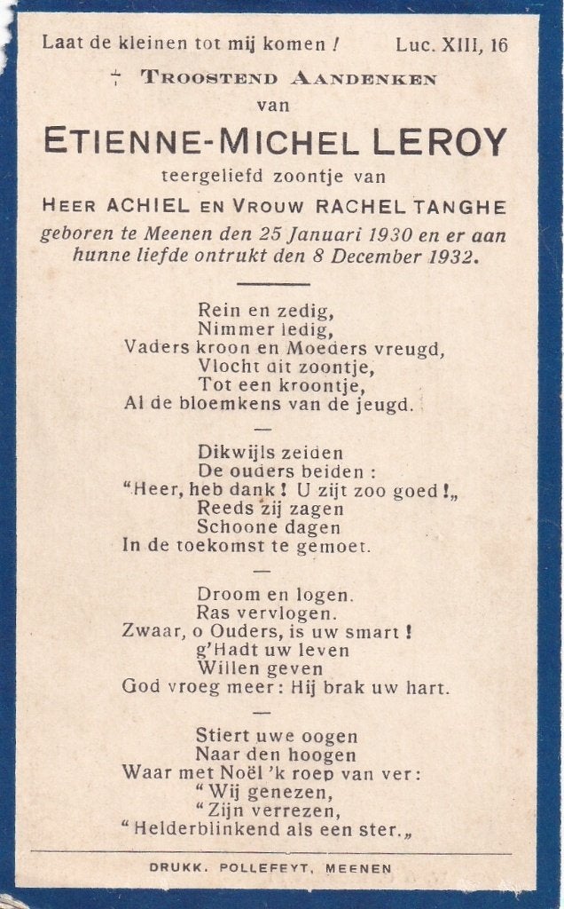 K 8 / B P MEENEN LEROY 1930 - 1932, Verzamelen, Bidprentjes en Rouwkaarten, Ophalen of Verzenden, Bidprentje