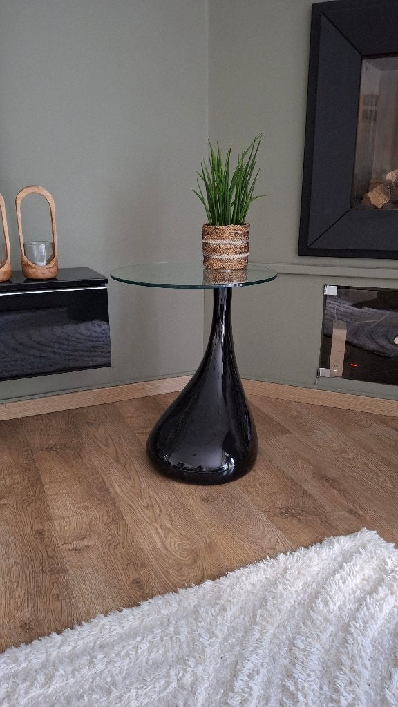 Design bijzettafel 55 cm hoog met glazen blad diameter 45cm, Overige materialen, Design, Rond, Zo goed als nieuw