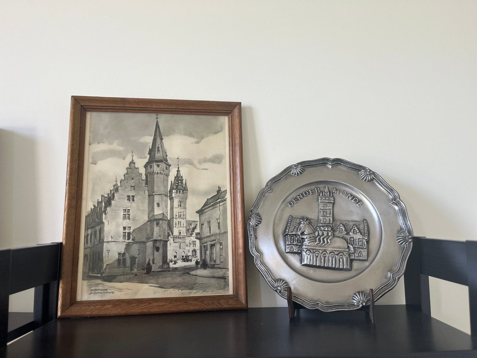 Dendermonde kunst - ets Herman Verbaere en tinnen sierbord, Enlèvement ou Envoi