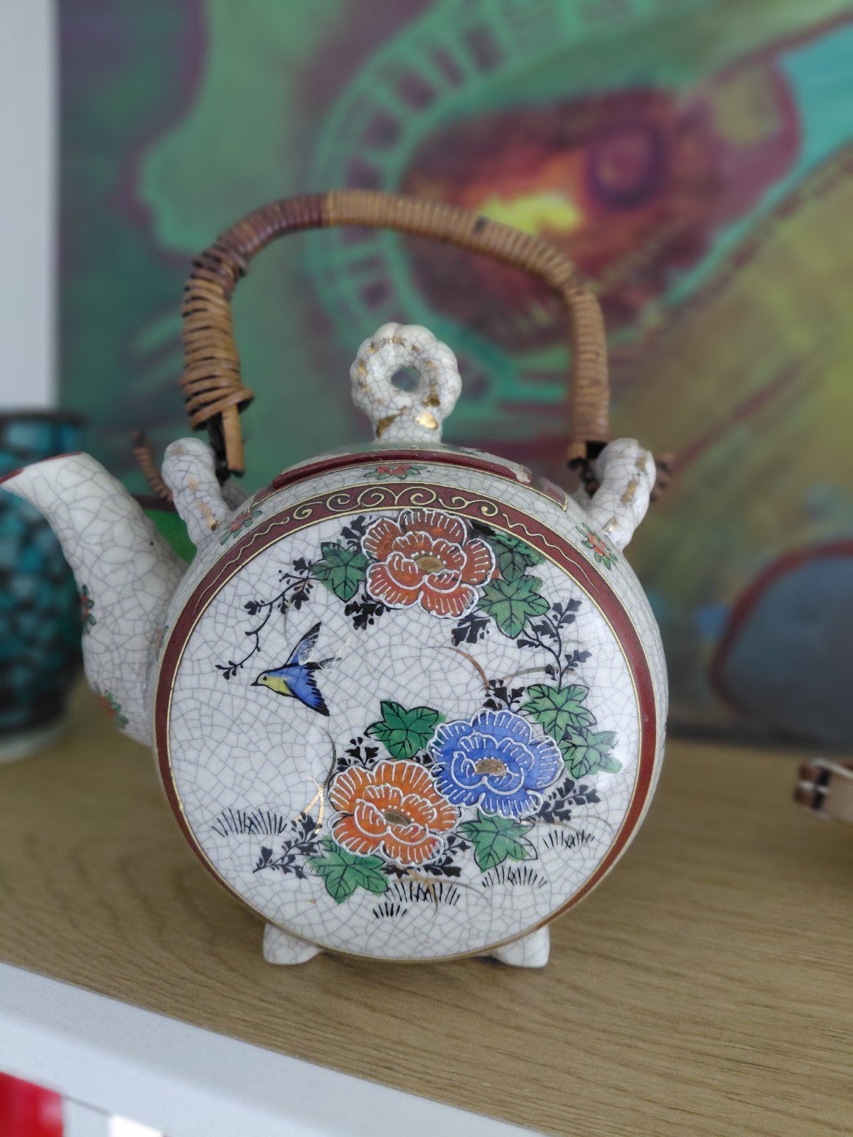 Théière japonaise vintage - glaçure craquelée - peinte à la, Enlèvement ou Envoi
