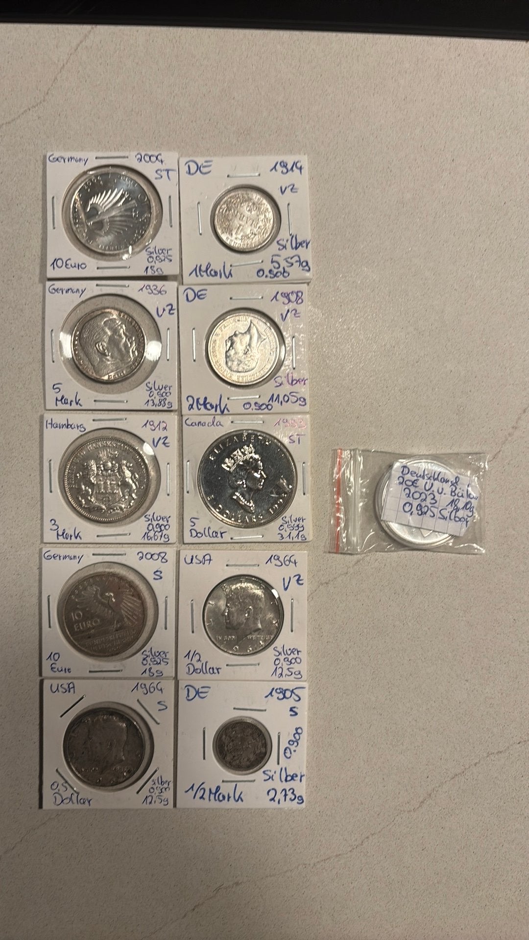 11 zilveren munten – 141,9g zilver – Duitsland USA Canada, Ophalen, Munten