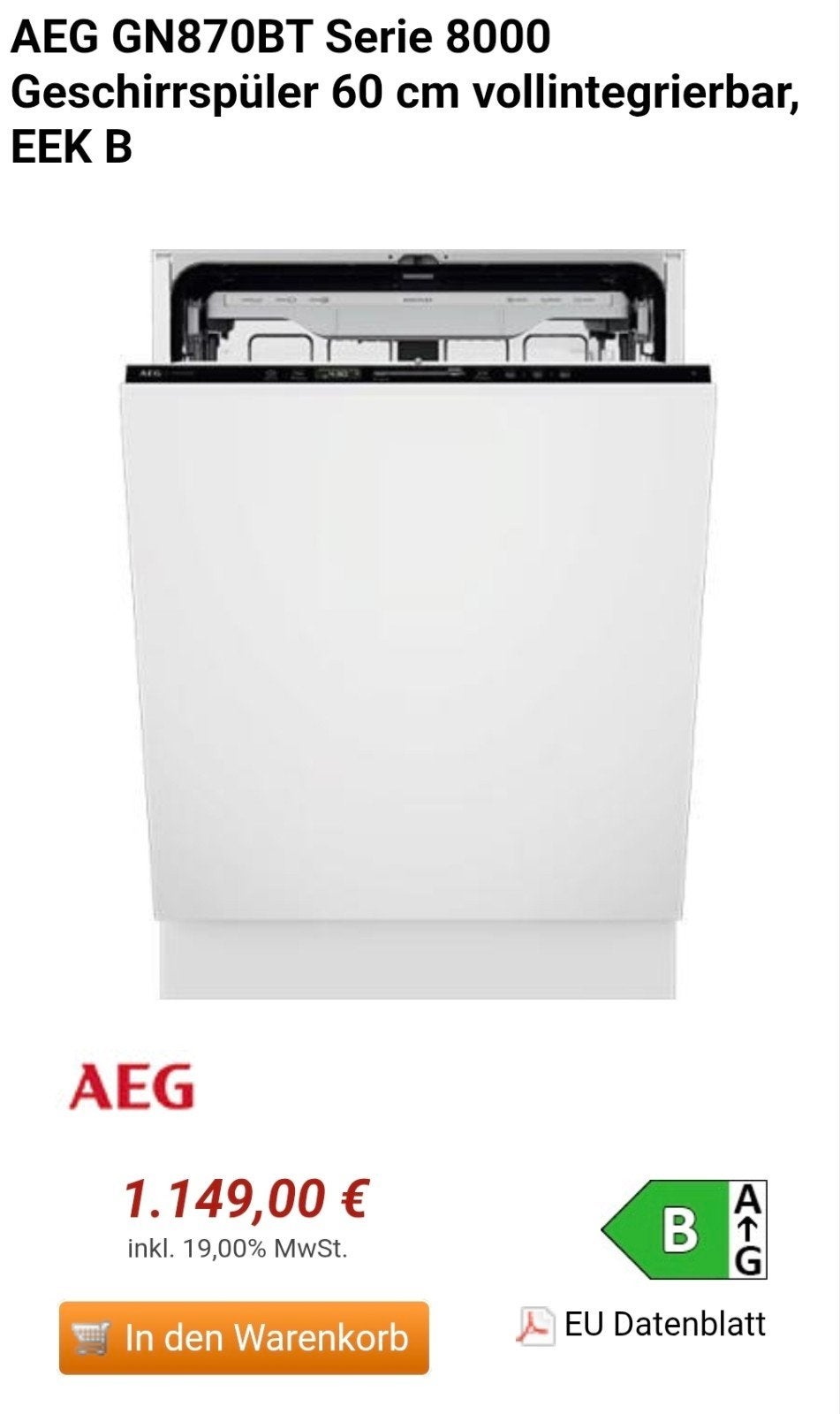 Lave-vaisselle intégrable AEG 14 Couverts NEUF, Electroménager, Lave-vaisselle, Neuf, Encastré, Moins de 10 litres, Enlèvement