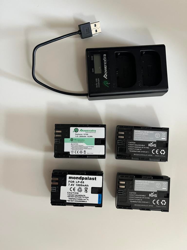 4x Canon LP-E6 Batterij + Dual USB Oplader, Ophalen, Zo goed als nieuw