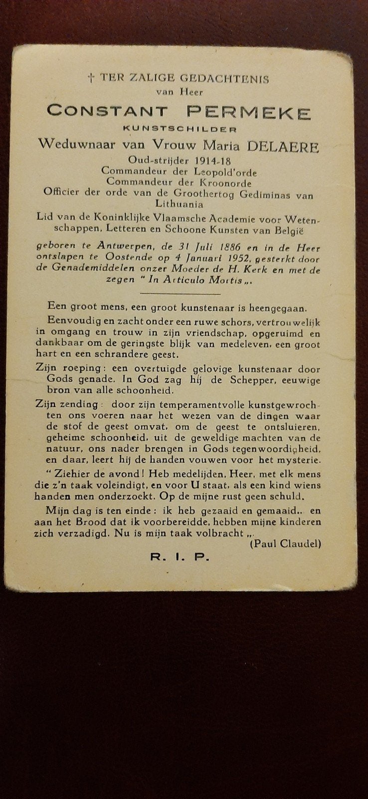 DP CONSTANT PERMEKE 1886 + 1952 kunstschilder, Ophalen, Bidprentje