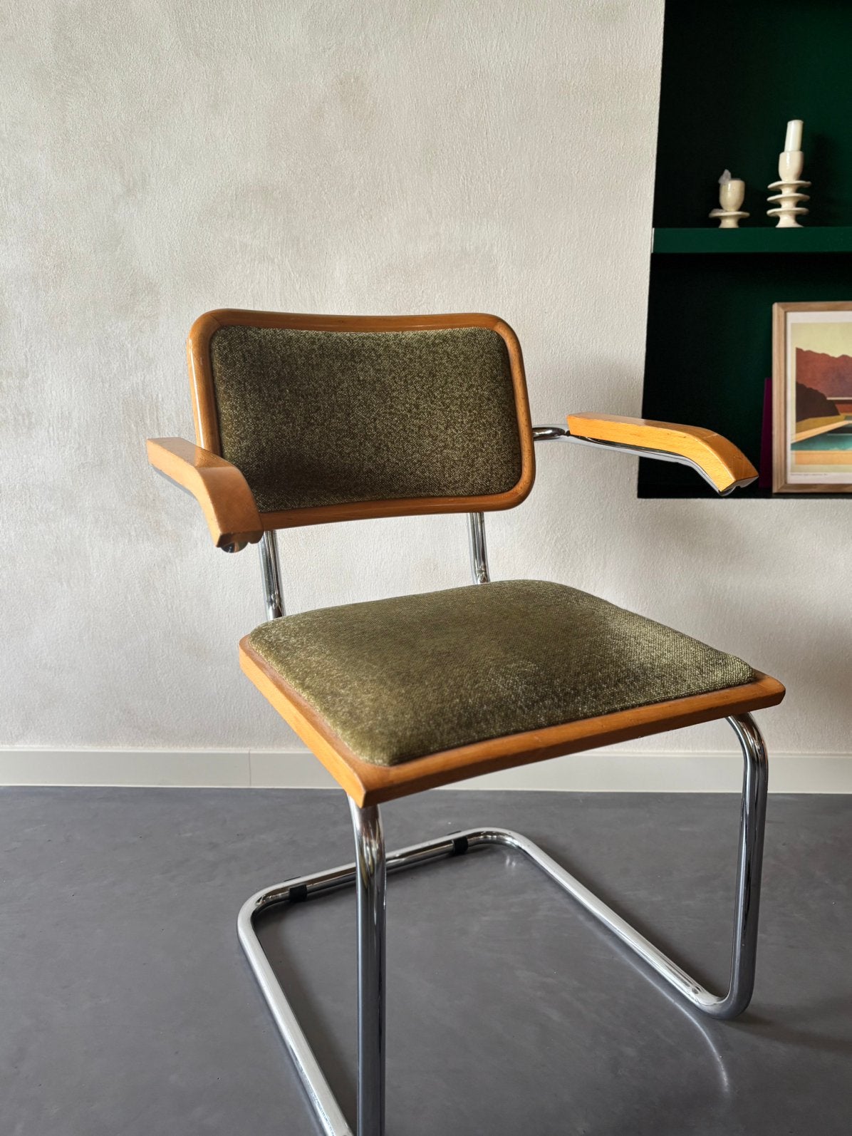 Vintage Cesca-style fauteuil | hout, chroom & olijfgroen, Huis en Inrichting, Ophalen, Gebruikt, Bruin, Eén
